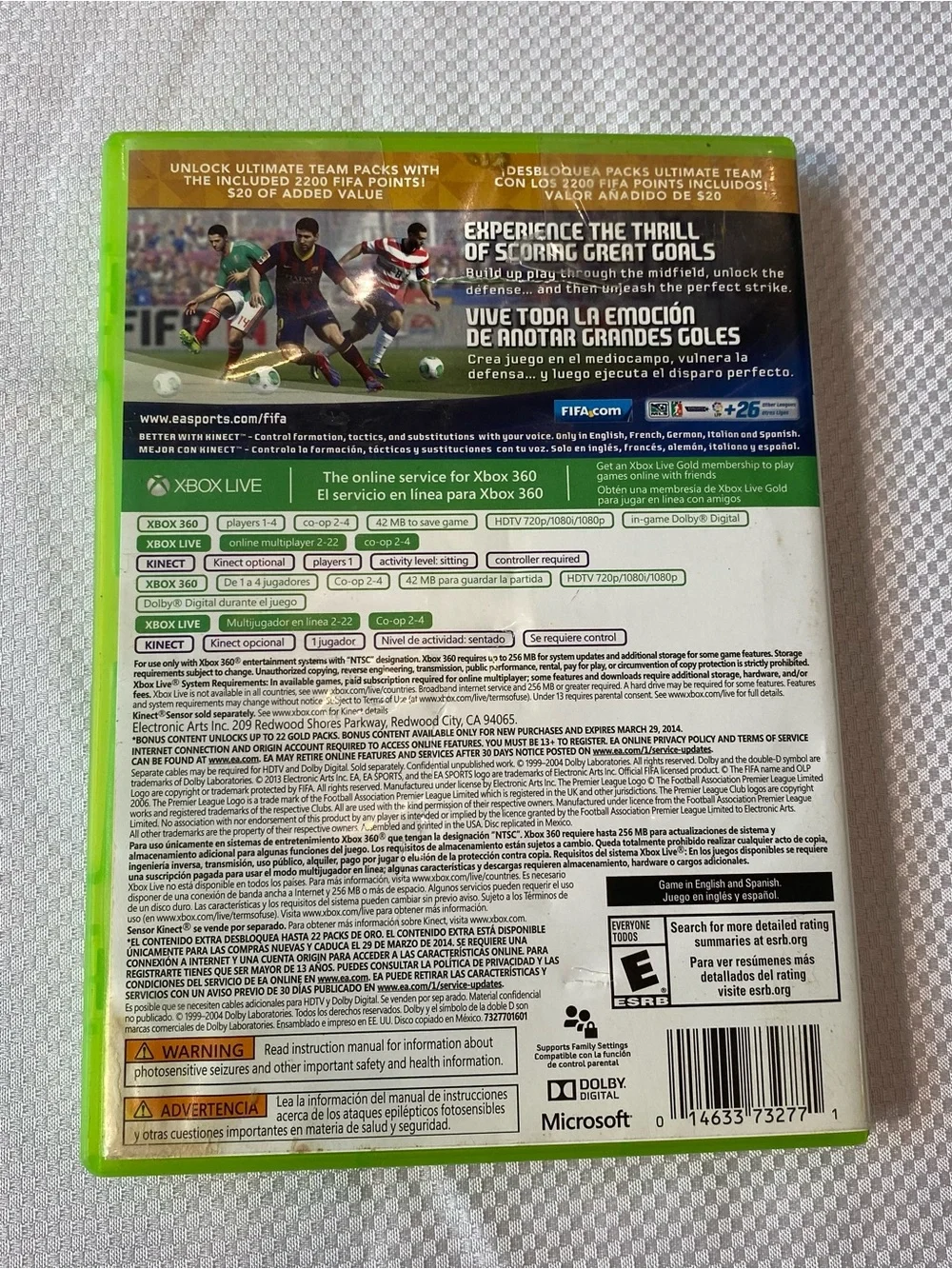 Microsoft Xbox 360 FIFA 14 with Green Case and Gold Accents